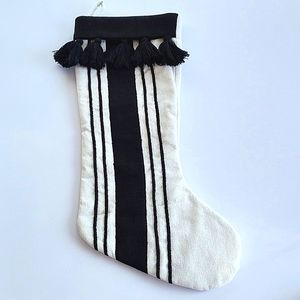 Black and White  Linen Blend Stocking with Tassels, Stripes and Lining